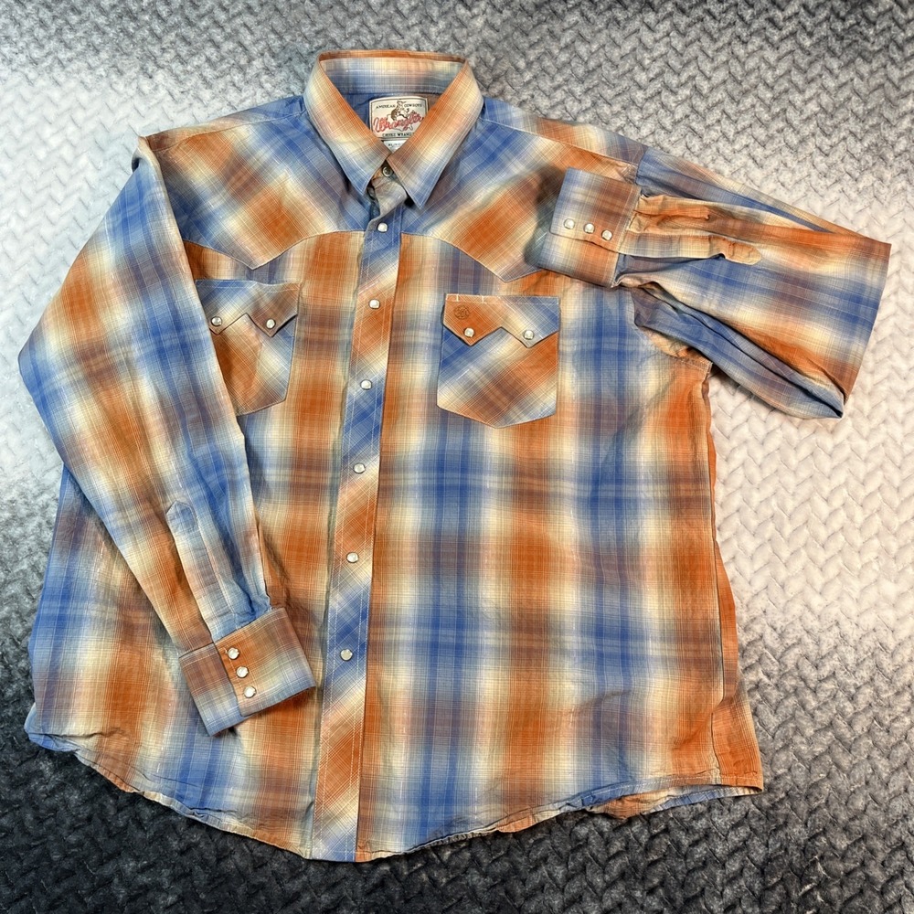 Wrangler Blue and Orange Plaid Western Pearl Snap Shirt - Picture 2 of 10